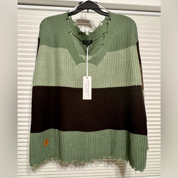 Women’s Simply Southern Green and Brown Striped Distressed Sweater Size Medium - Picture 2 of 12
